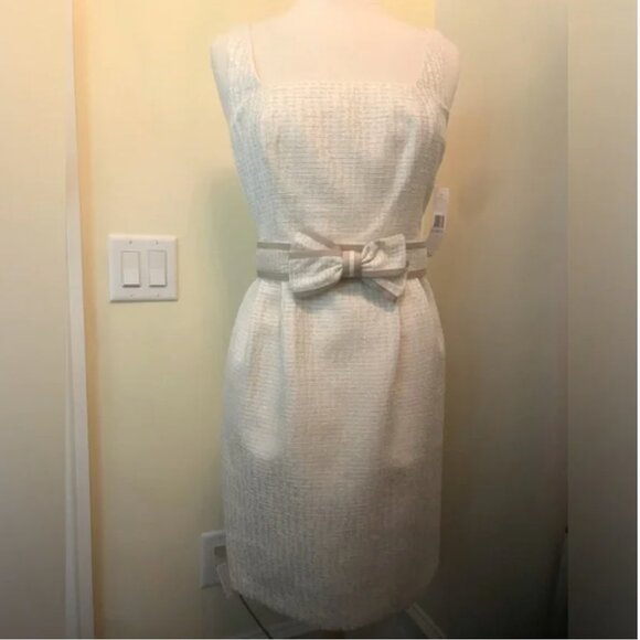 NWT Carmen Marc Valvo Cream Sleeveless Woven Dress with Matching Bow Belt - Picture 1 of 12
